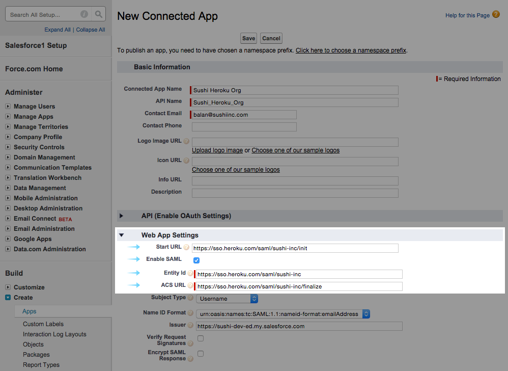 Salesforce SSO settings