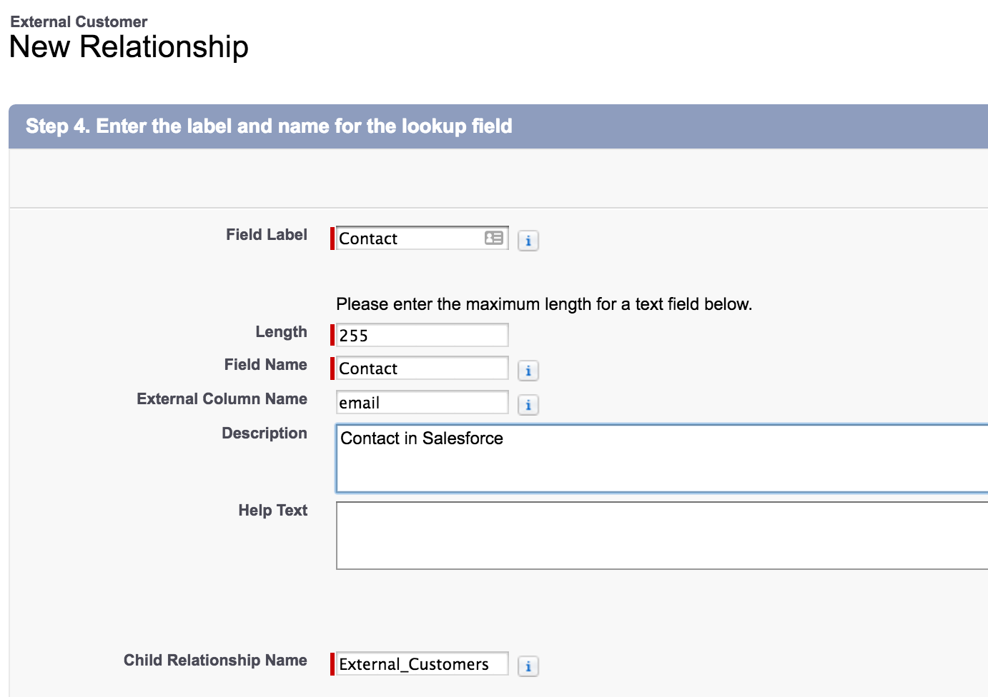Salesforce UI - 新しい関係、手順 4: ルックアップフィールドの名前