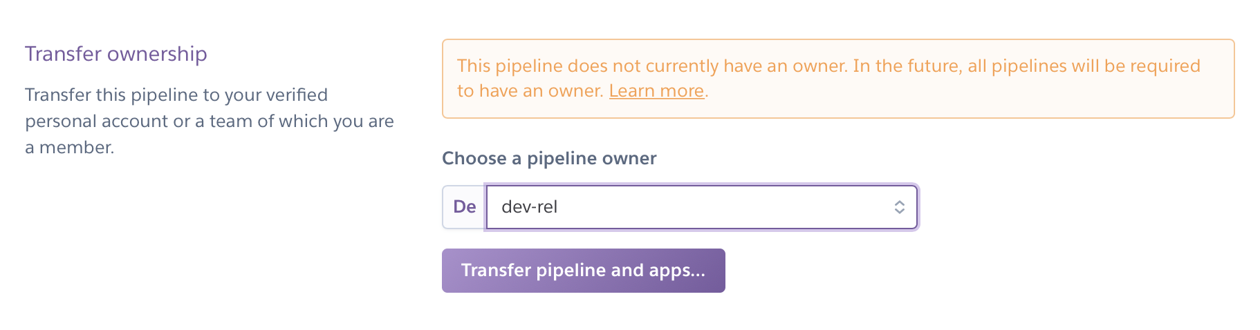 Pipelines setting tab ownership segment