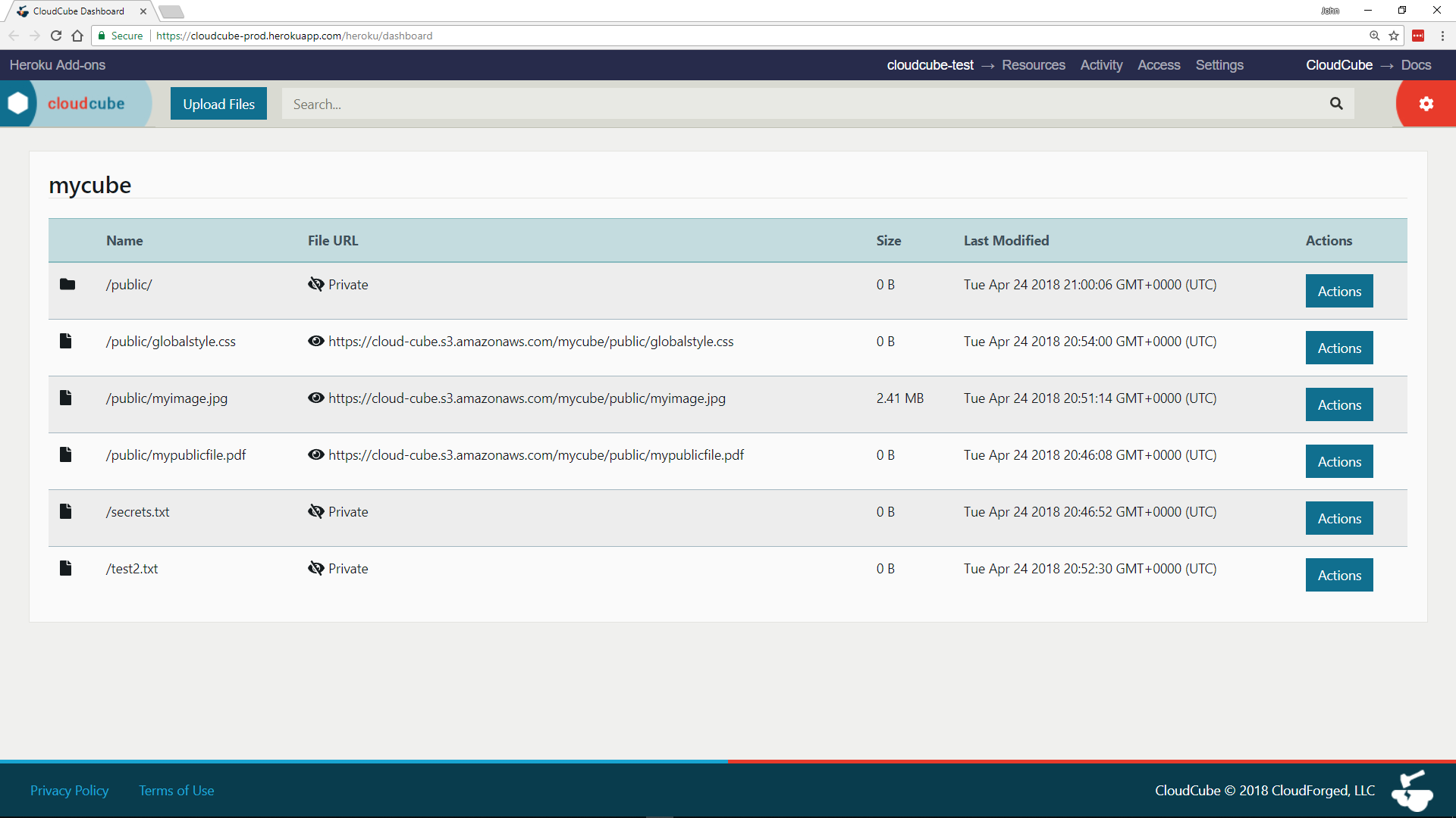 The cloudcube dashboard