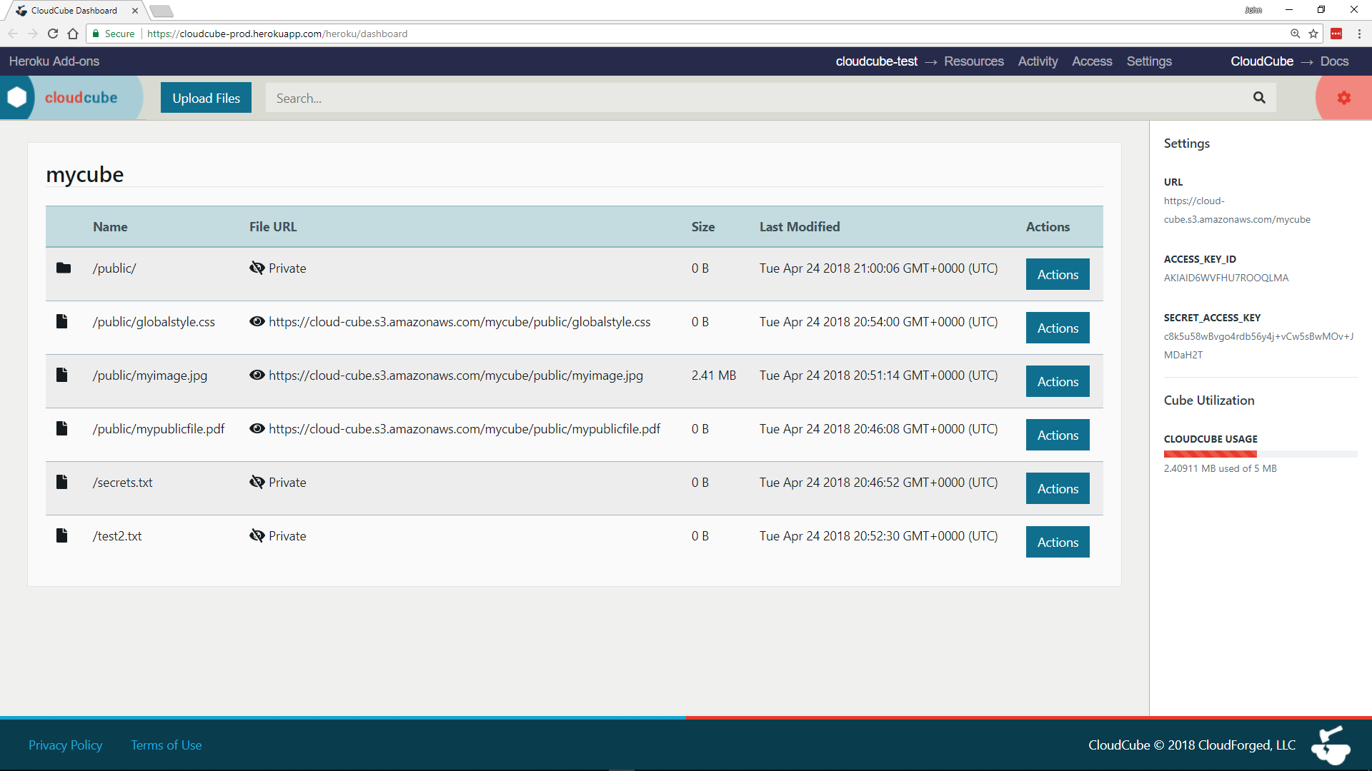 Cloudcube dashboard with side-pane