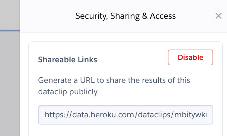 Screenshot of data.heroku.com with a shareable Dataclip link