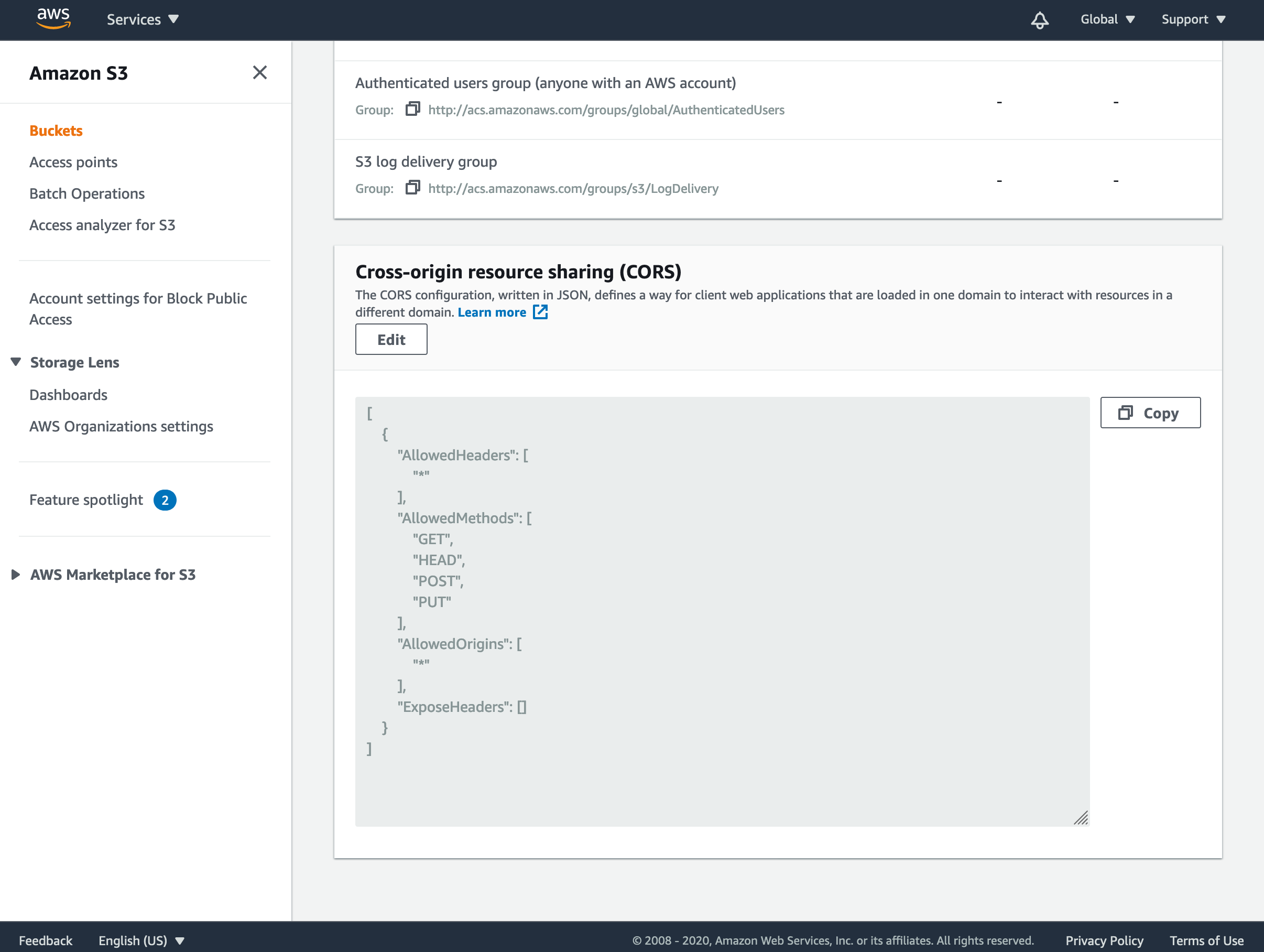 Locating the **`Permissions`** tab and CORS configuration editor