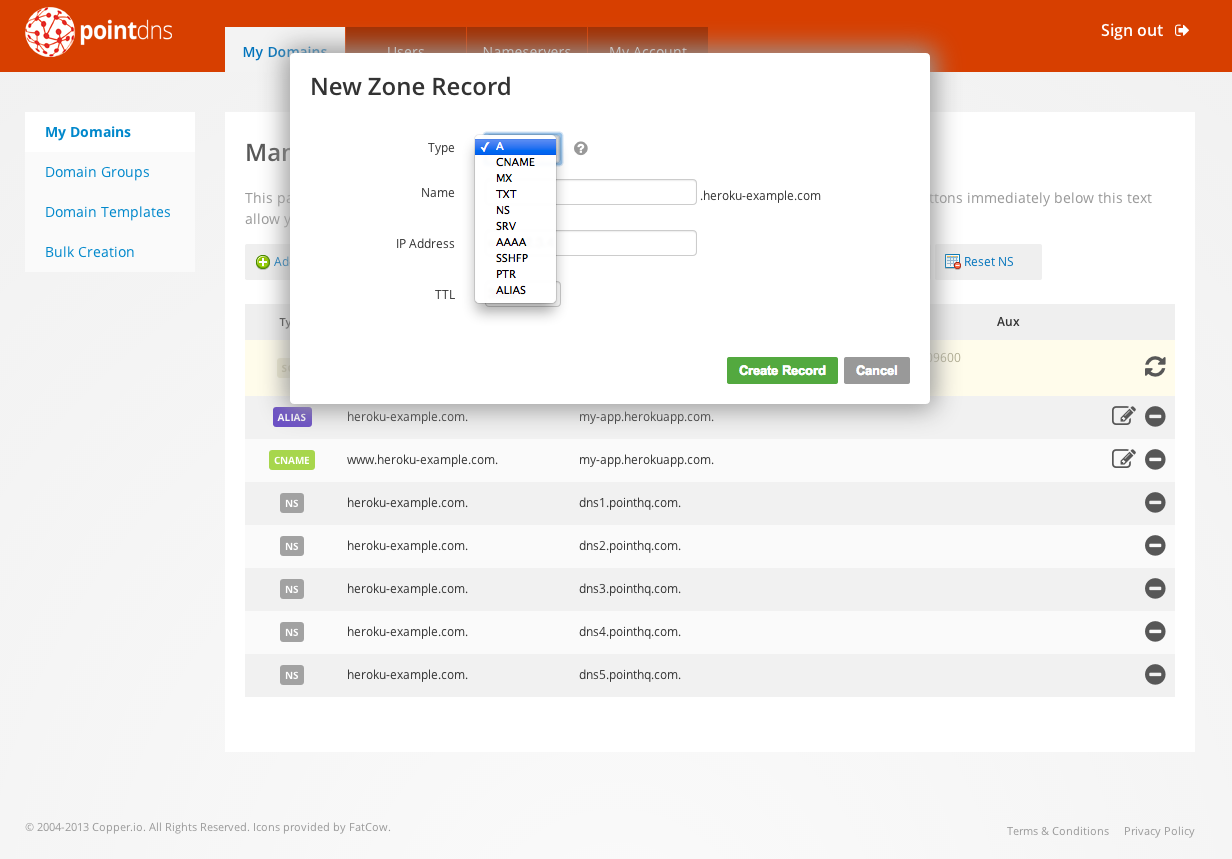 Screenshot of the new zone record creation UI