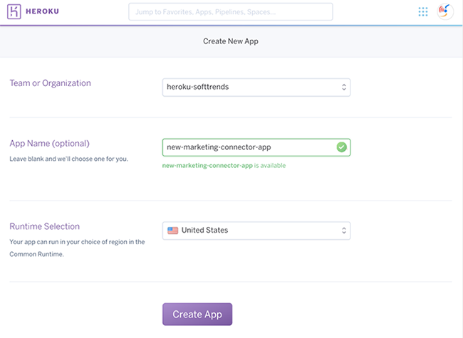 A screenshot of the Create New App page on the Heroku Dashboard.