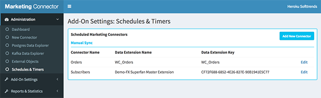 A screenshot of the Schedules and Timers add-on settings page showing two connectors, "Orders" and "Subscribers," with the option to edit them.