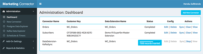 A screenshot of the Dashboard displaying configured connectors and their syncing statuses.