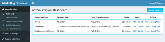 A screenshot of the Dashboard displaying configured connectors and their completed status.