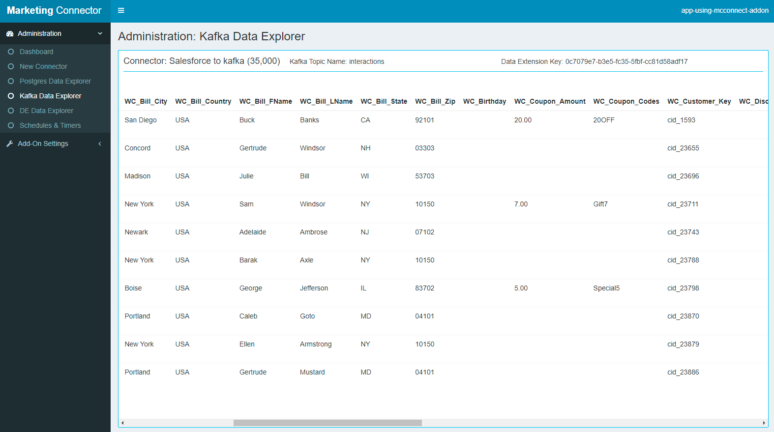 A screenshot of the Kafka Data Explorer Administration page showing synchronized marketing data rows.