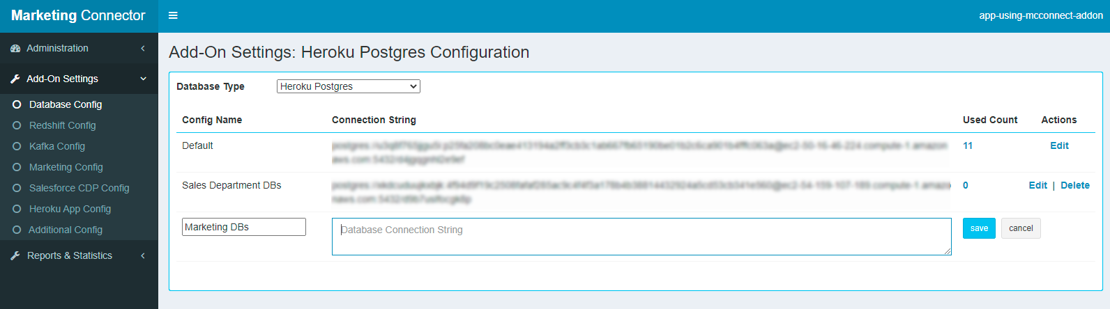A screenshot displaying an existing Heroku Postgres configuration string and two fields to provide a new connection string: the connection string name and connection string value.