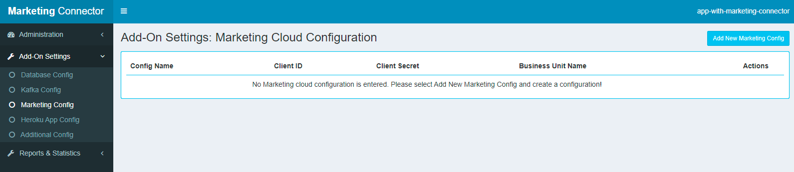A screenshot when no Marketing Cloud configuration is created.