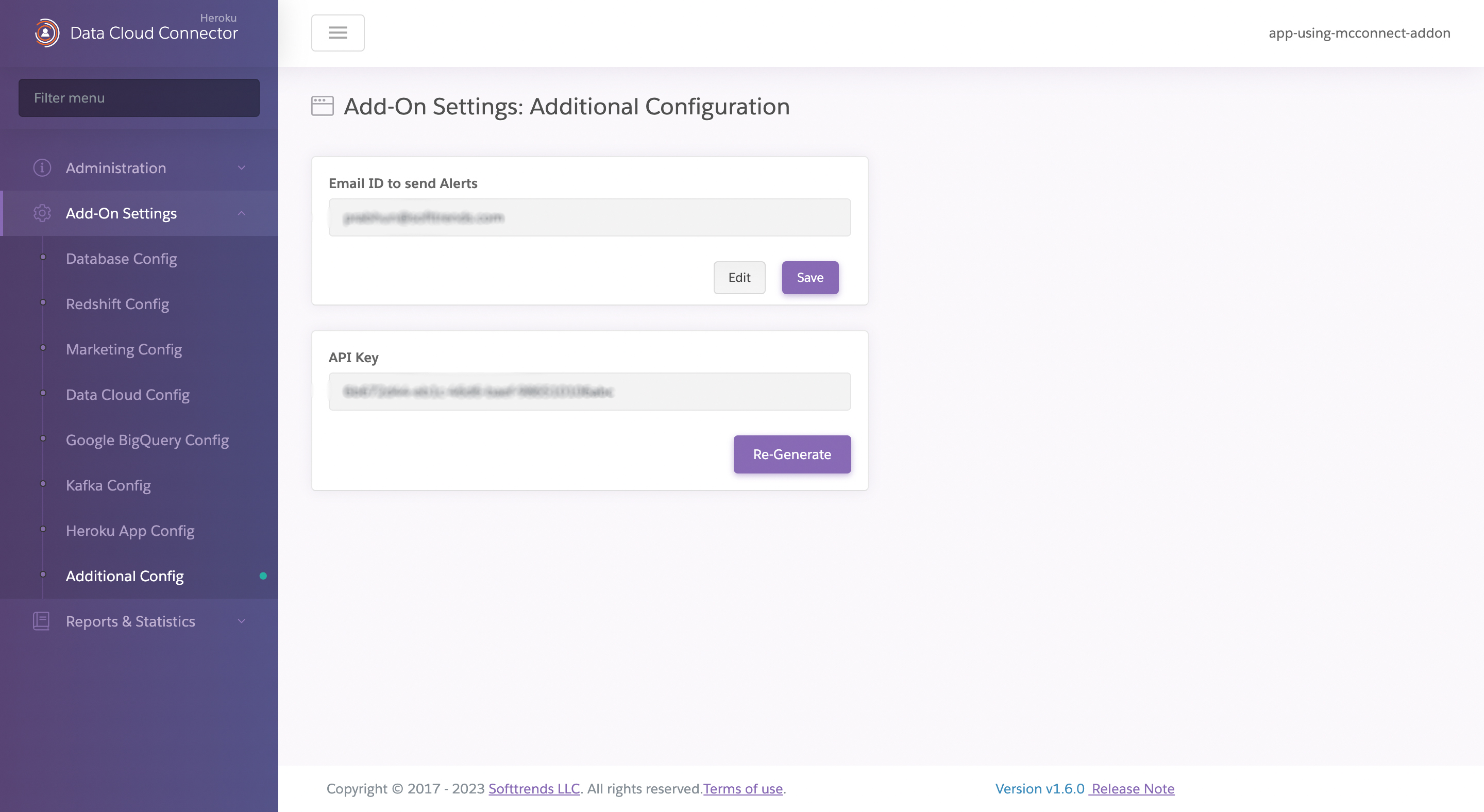 A screenshot of the Additional Configuration page to enter an email address for alerts as well as the API Key for the Marketing Connector API.