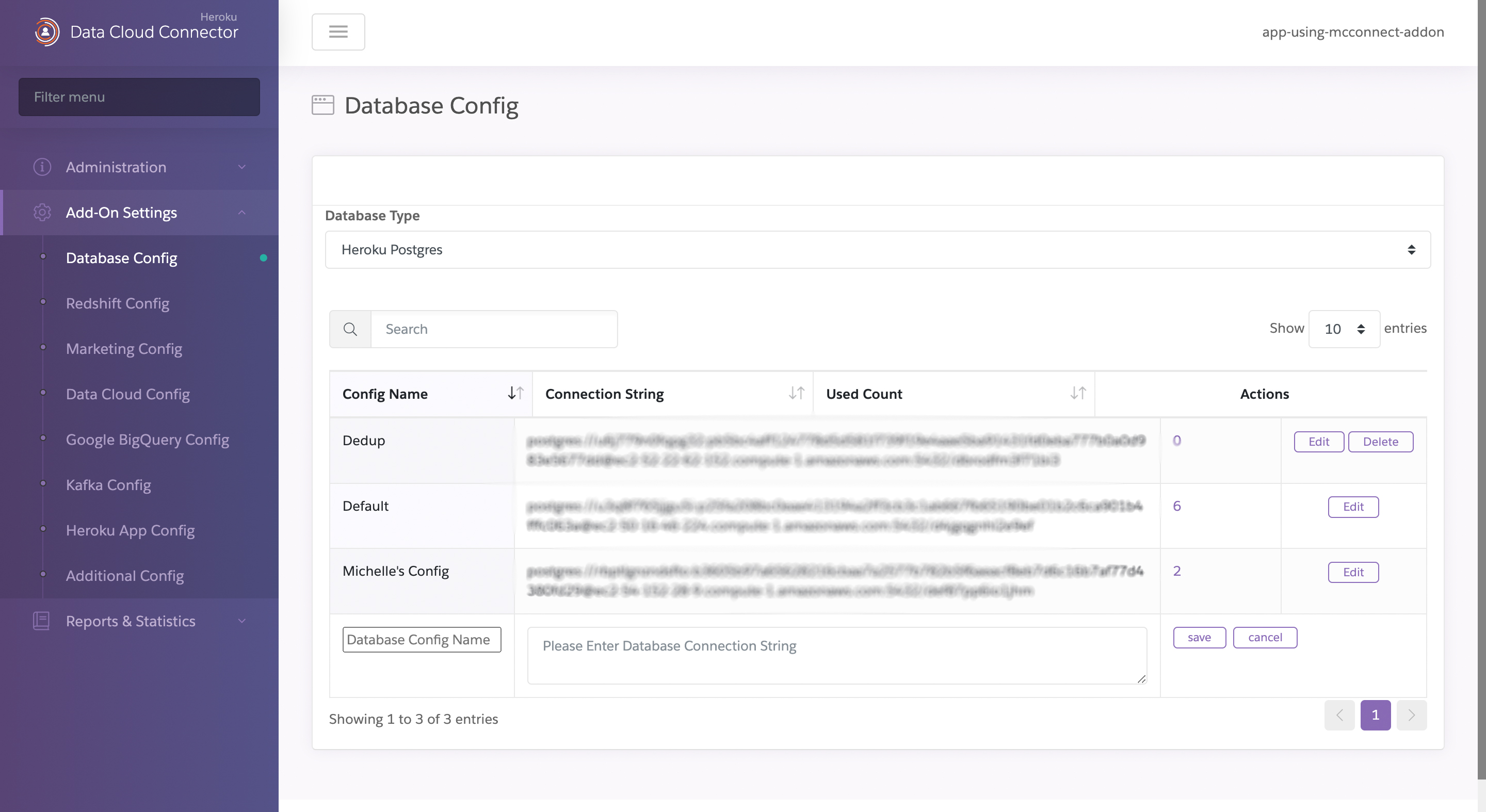 A screenshot showing the available settings for Heroku Postgres configuration including the default connection string.