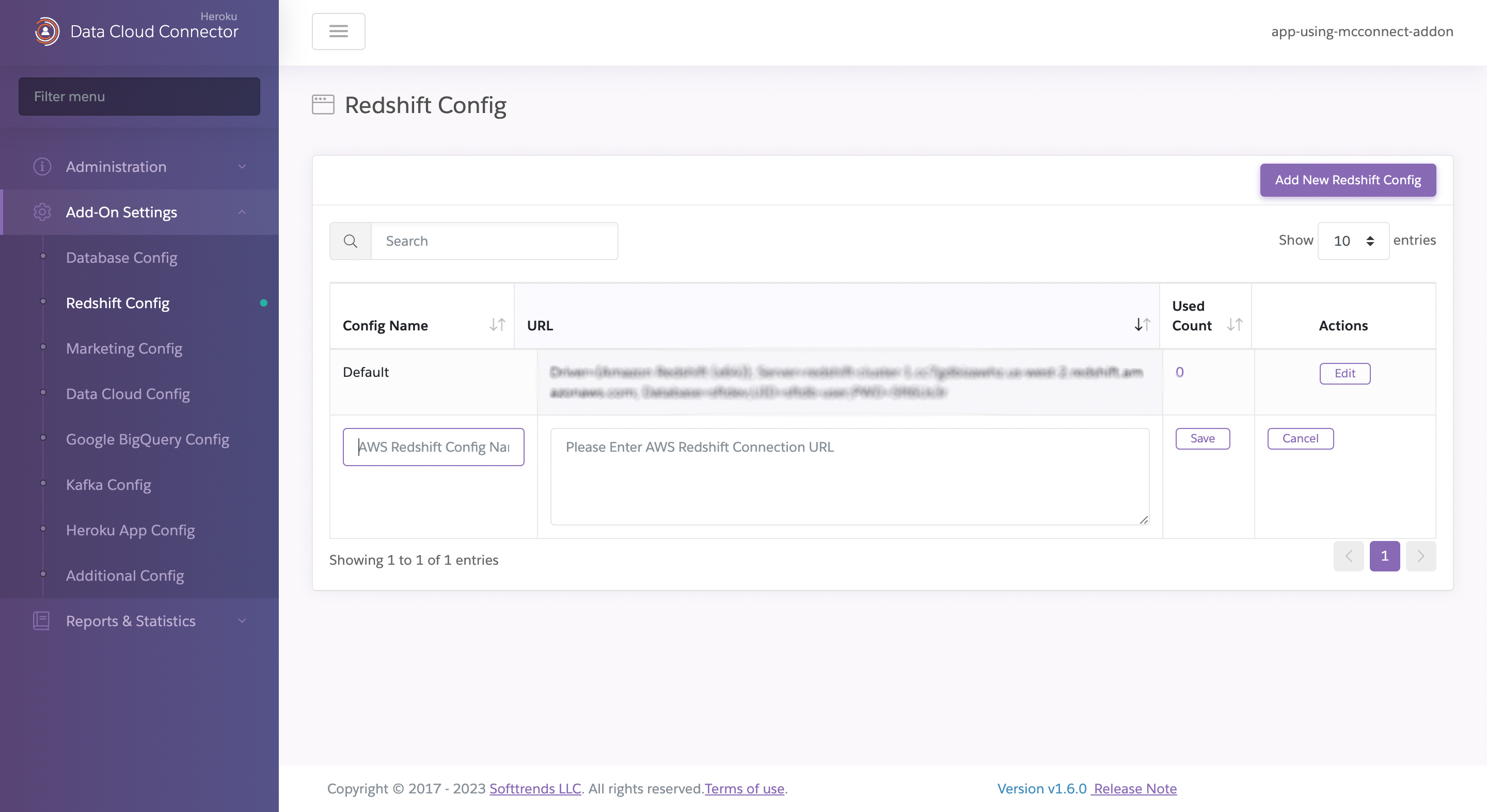 A screenshot showing the available settings for AWS Redshift configuration including the default connection string.