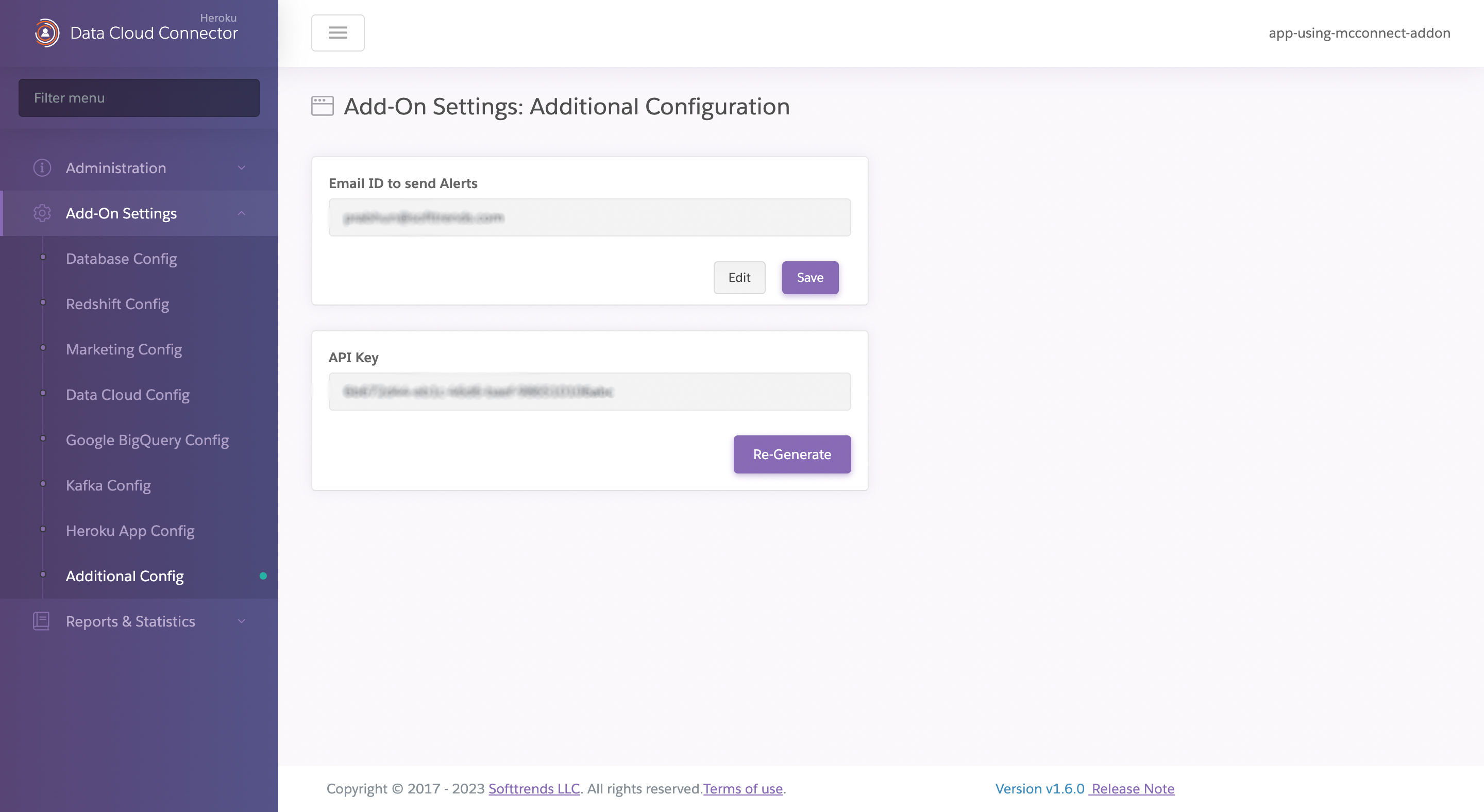 A screenshot of the Additional Configuration page showing a field to configure an email address for alerts, as well as the API Key for the Marketing Connector API.