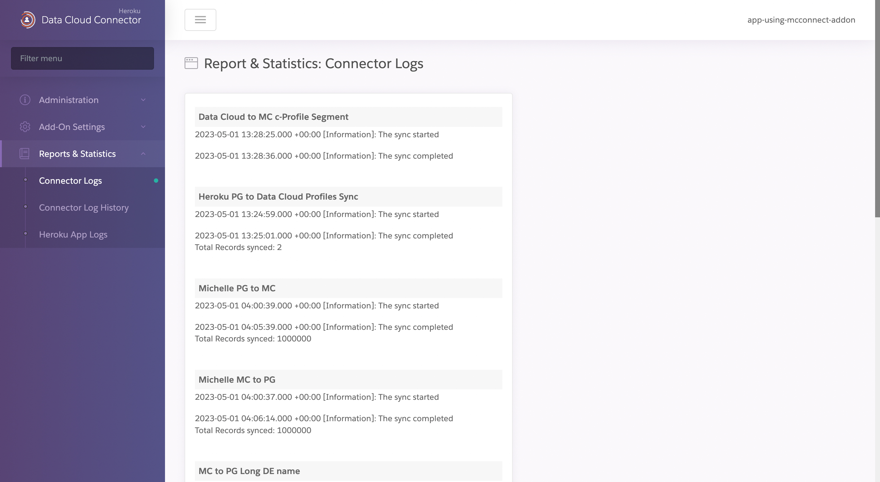 A screenshot showing the logs for several different configured connectors and their statuses.