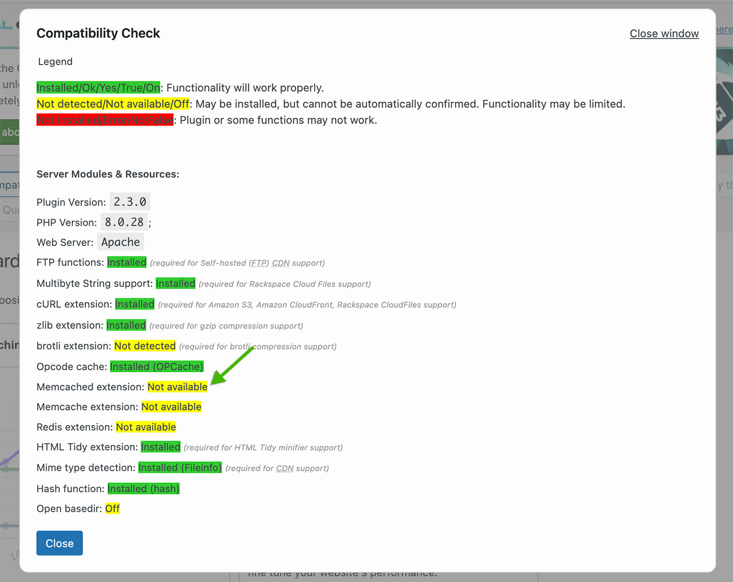 W3 Total Cache screenshot showing the compatibility check results